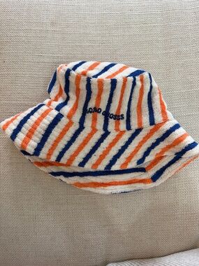 Bobo Choses Striped Terry Bucket Hat in White, Orange & Blue